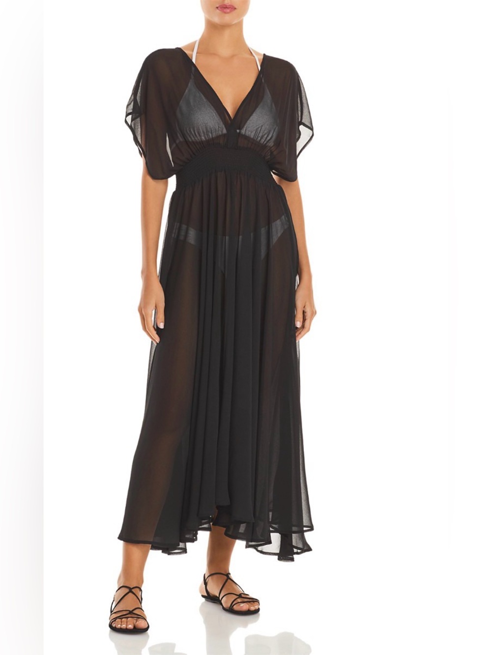 Kate Spade Black Sheer Coverup Maxi Dress with Smocked Waist